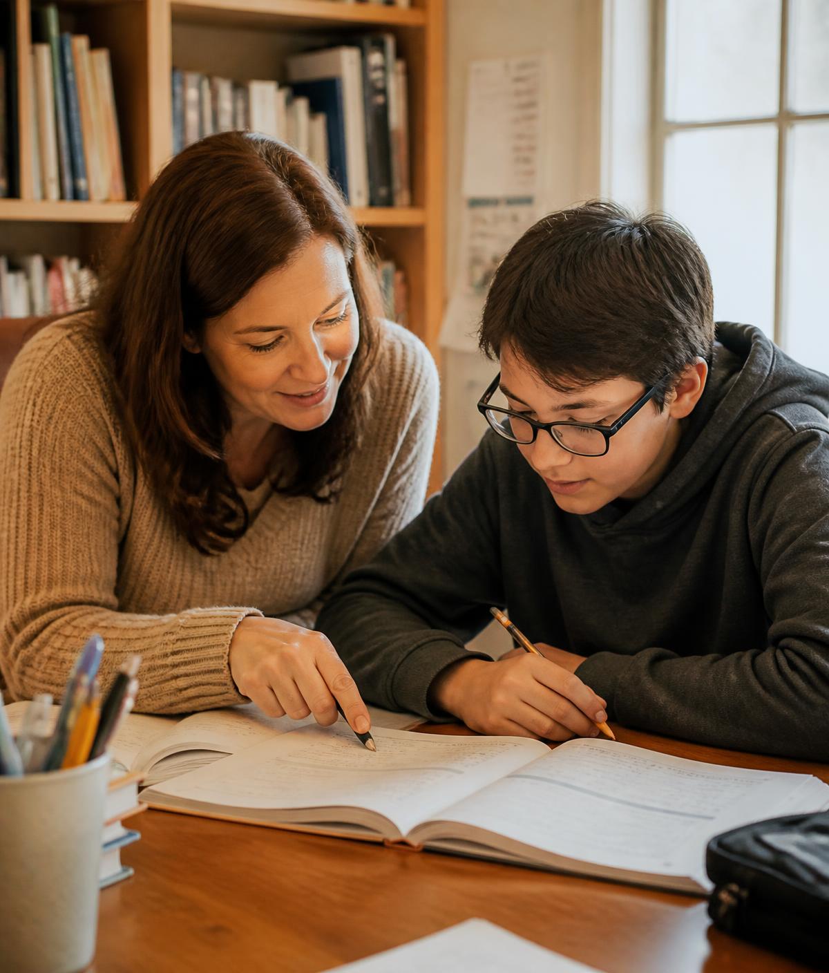 A tutor reviewing a workbook alongside a middle school student